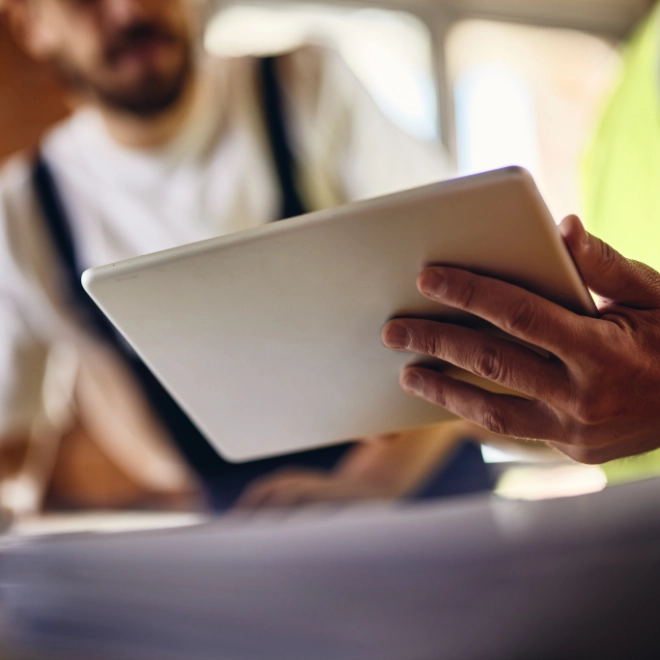 Two workers holding a tablet in a meeting on site